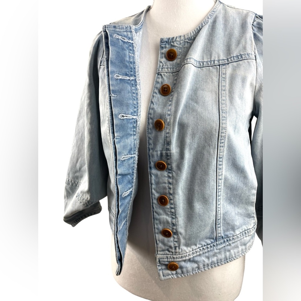 Ulla Johnson Light Wash Denim Cotton Jacket Collarless Puff Sleeve Boho Eclectic - Picture 6 of 9